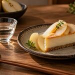 Copa pequeña de sake junto a una porción de tarta de queso con pera en vajilla cerámica