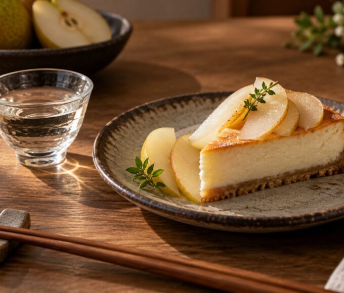 Copa pequeña de sake junto a una porción de tarta de queso con pera en vajilla cerámica