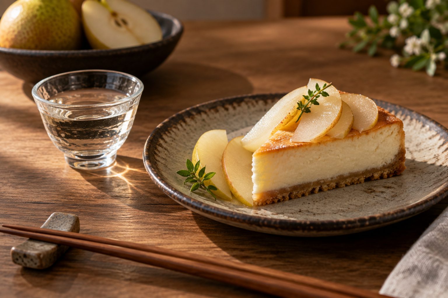Copa pequeña de sake junto a una porción de tarta de queso con pera en vajilla cerámica