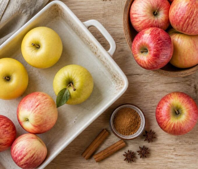 Selección de manzanas rojas, amarillas y verdes junto a utensilios de repostería