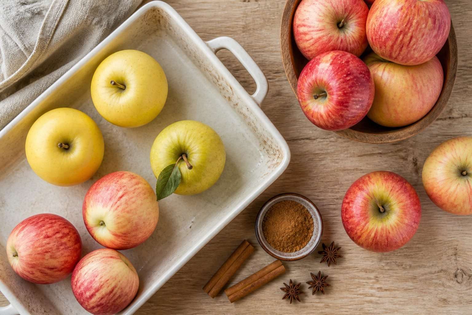 Selección de manzanas rojas, amarillas y verdes junto a utensilios de repostería