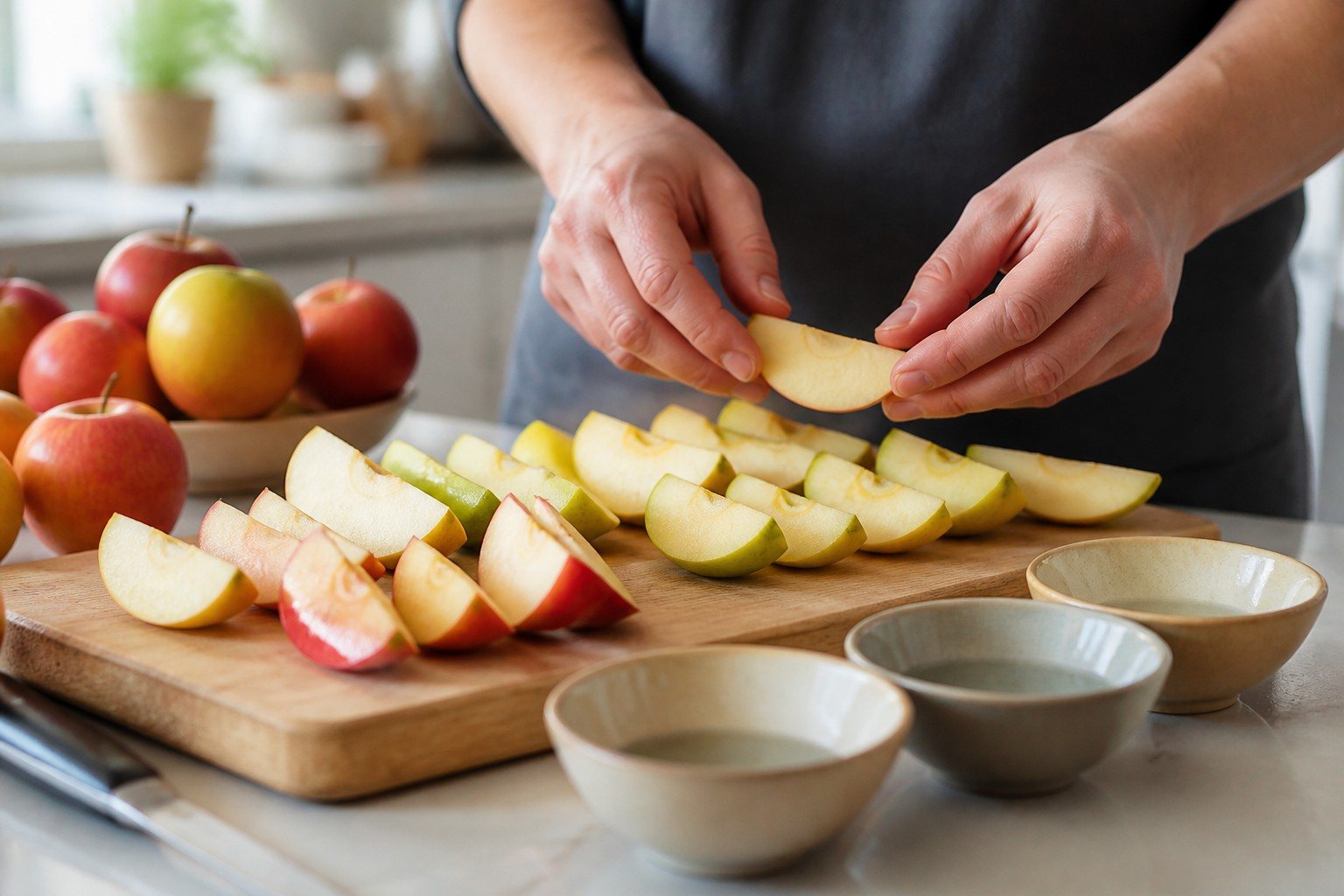 Gajos de distintas variedades de manzana preparados para una cata casera