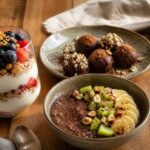 Selección de postres sin azúcar con yogur, cacao, fruta y frutos secos