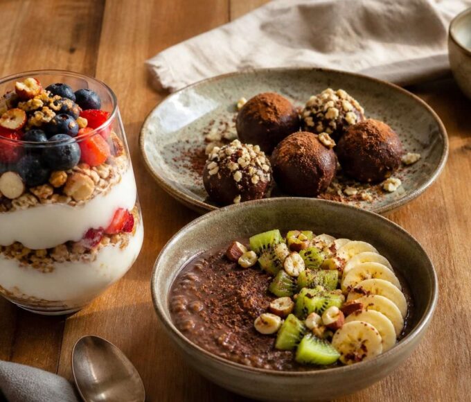 Selección de postres sin azúcar con yogur, cacao, fruta y frutos secos