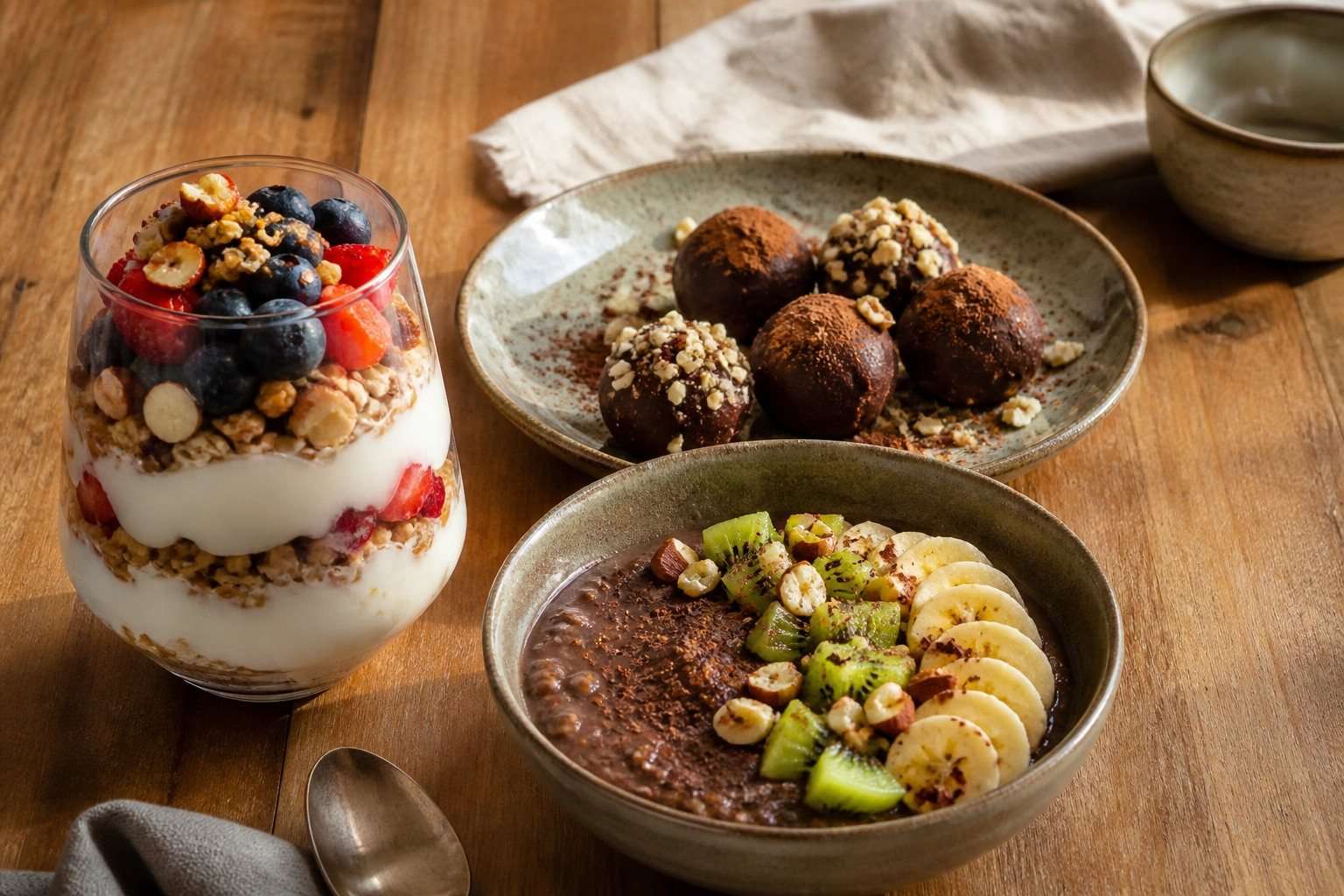 Selección de postres sin azúcar con yogur, cacao, fruta y frutos secos