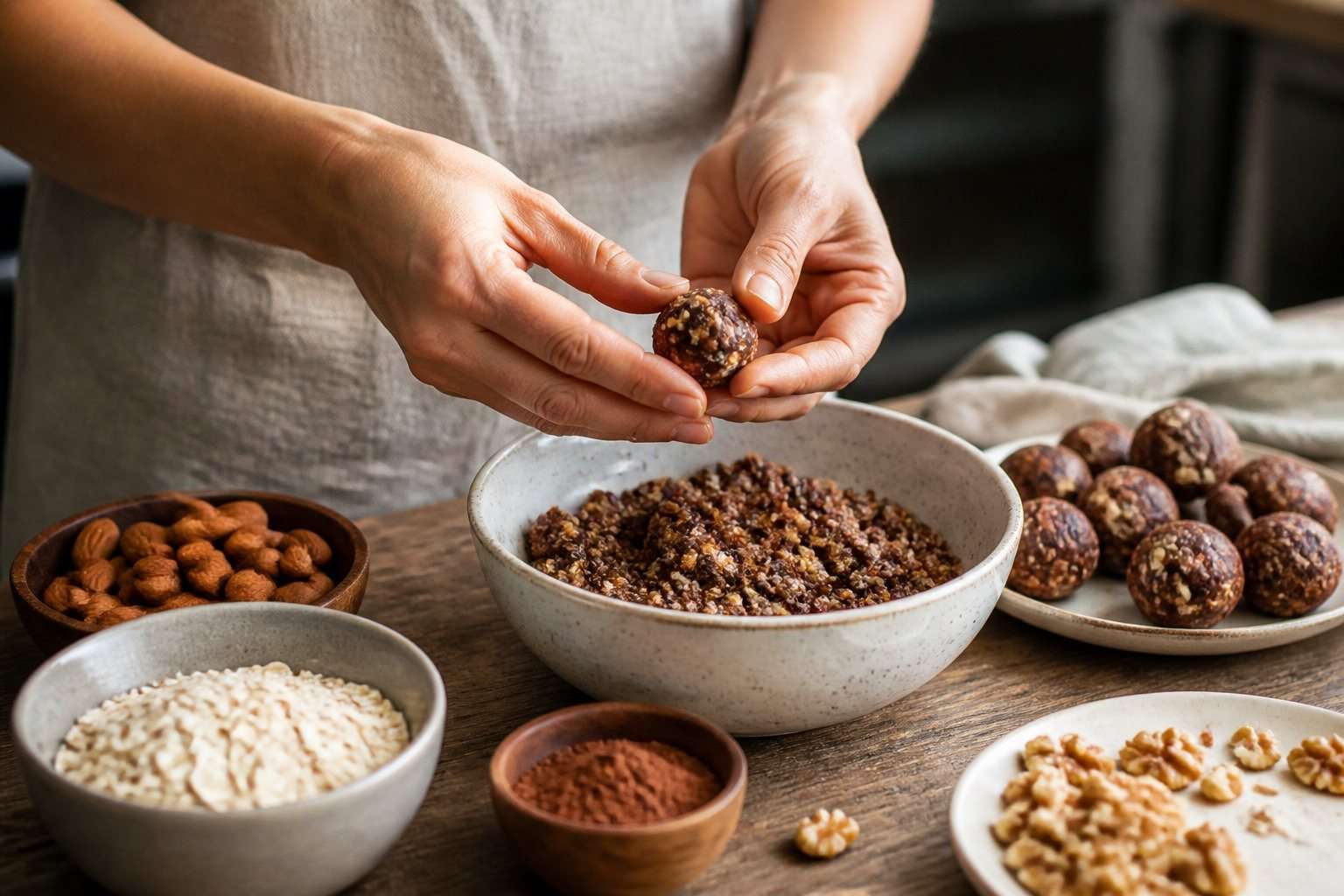 Manos formando trufas caseras de cacao y frutos secos